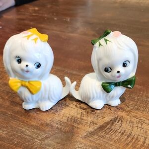 Ceramic Dog Figurines with Yellow and Green Bows